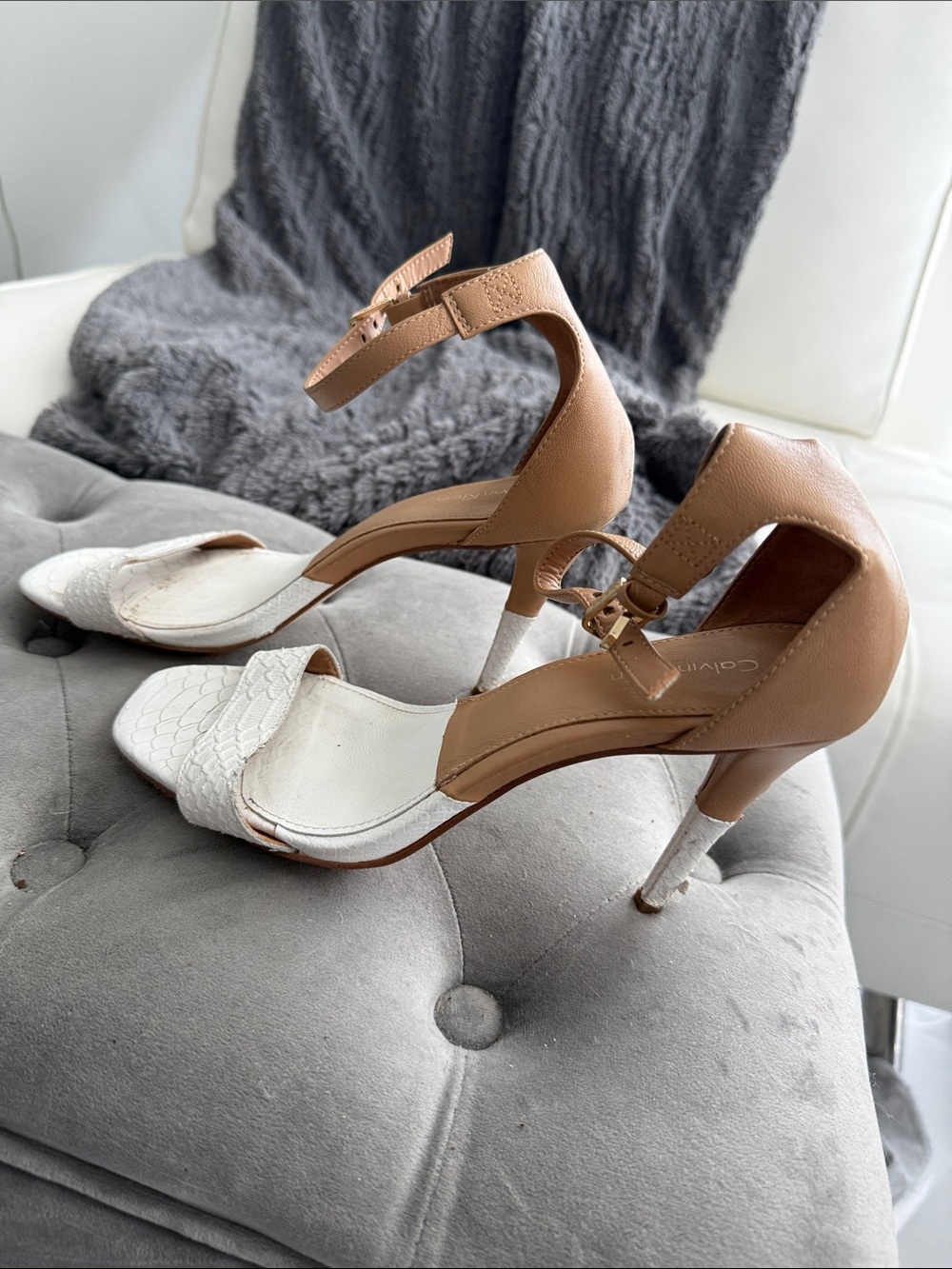 Calvin Klein White and Tan Two-Tone Ankle Strap Heels - Picture 5 of 11
